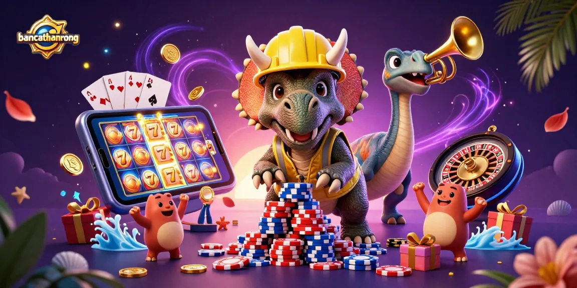 bancathanrong showcases a lively casino scene with a triceratops building a poker chip pyramid while celebrating characters surround it.