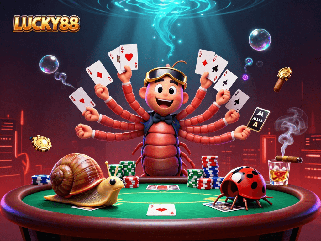 LUCKY88's vibrant casino scene with a millipede dealer, exciting card games, and colorful poker chips