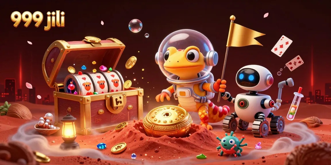 Feel the thrill of 999 jili as a Martian gecko uncovers a golden casino filled with exciting game elements.