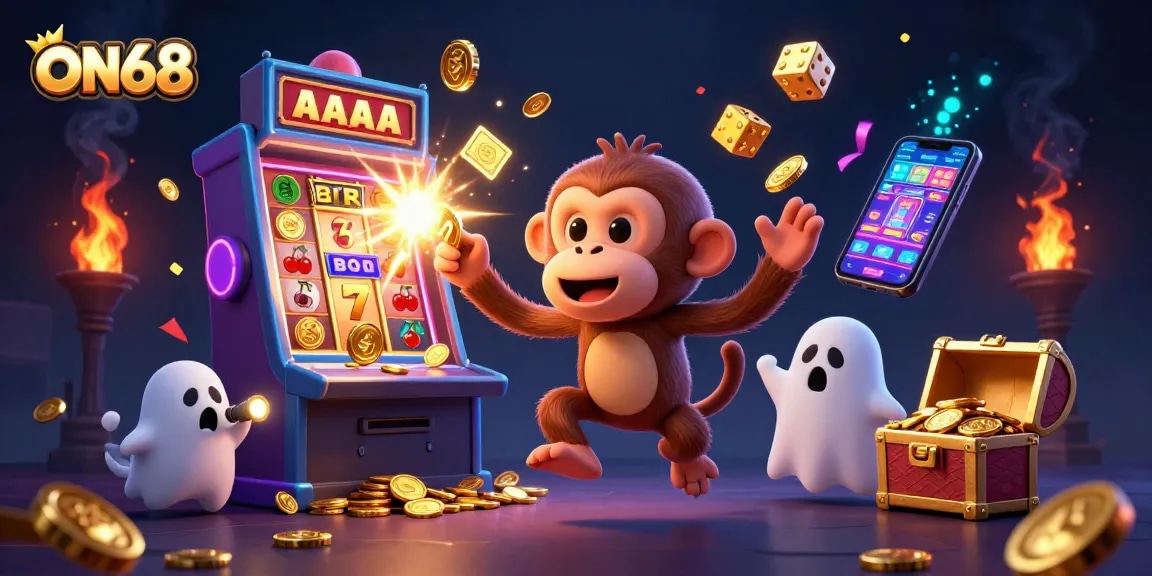 Witness ON68's poltergeist monkey juggling gold coins in a vibrant casino scene.