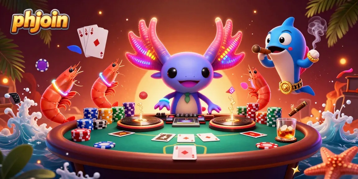 Bet big with phjoin at the vibrant underwater casino, featuring engaging characters and a dynamic poker scene.
