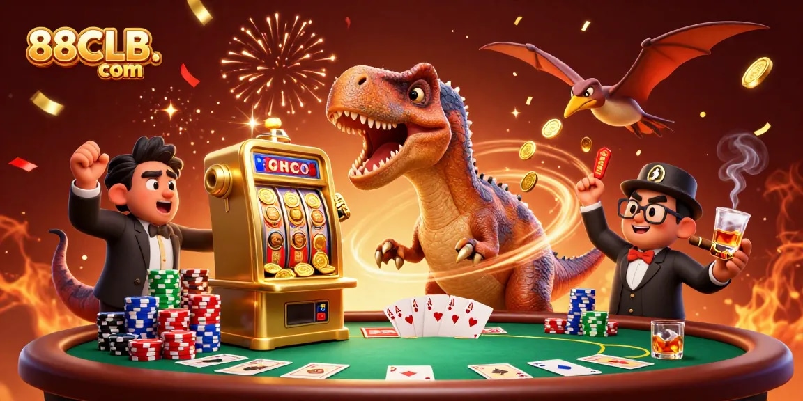 Experience thrilling jackpots at 88CLB. com with a dynamic 3D casino illustration featuring vibrant gaming action.