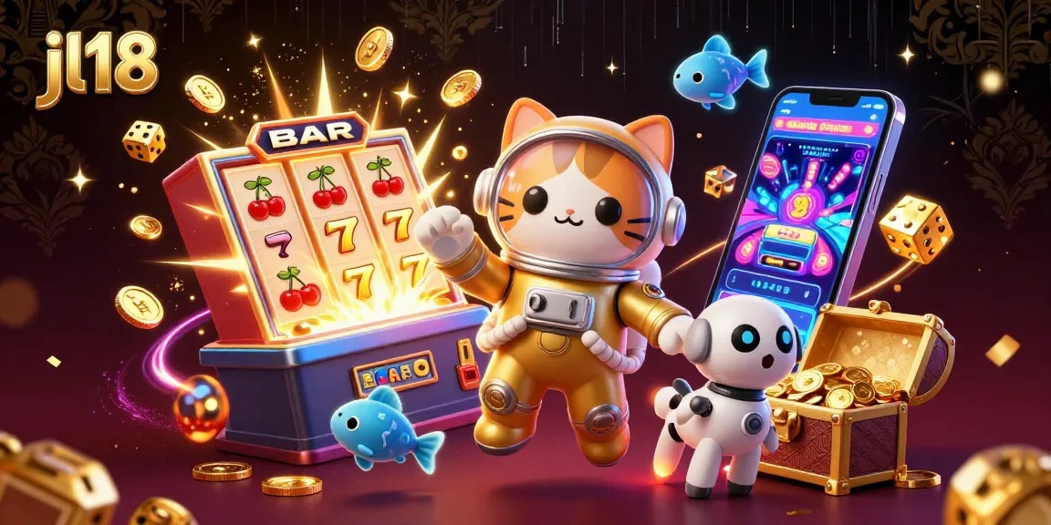 Experience exciting casino action with jl18 as a space cat and robot dog explore a vibrant interstellar gaming world.