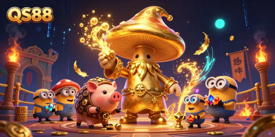 Players experience wins at QS88 with golden wizard and treasures in a vibrant casino scene.