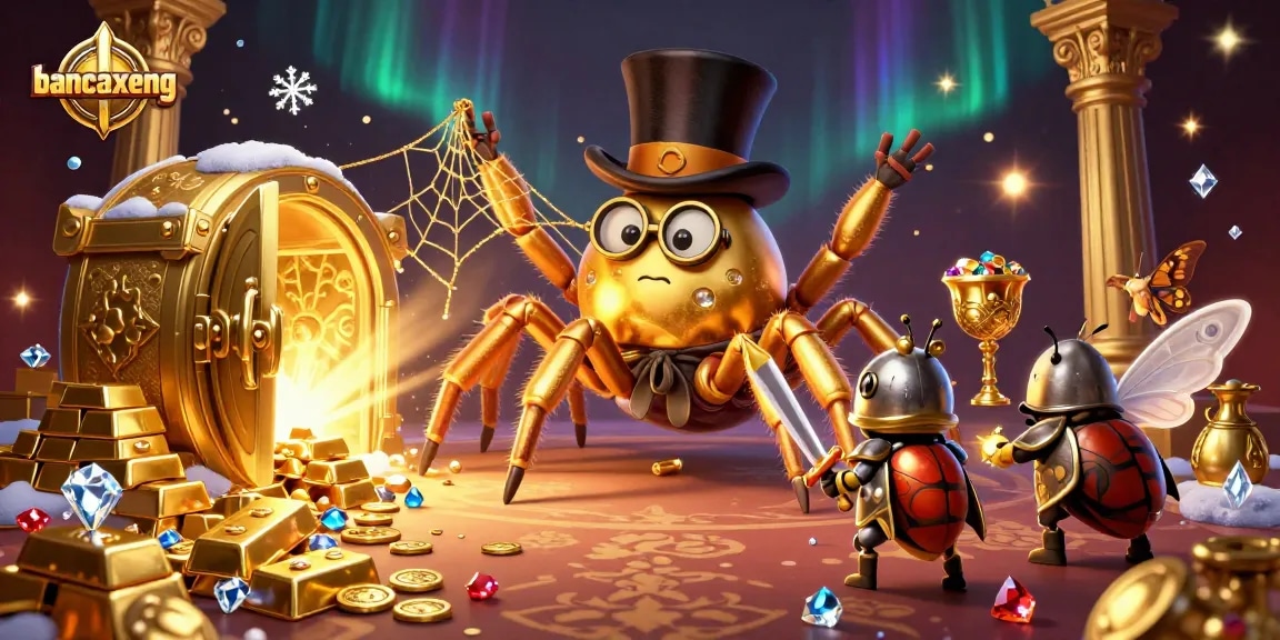 Engage with the thrilling world of bancaxeng as a brave beetle knight approaches a golden tarantula weaving awe.