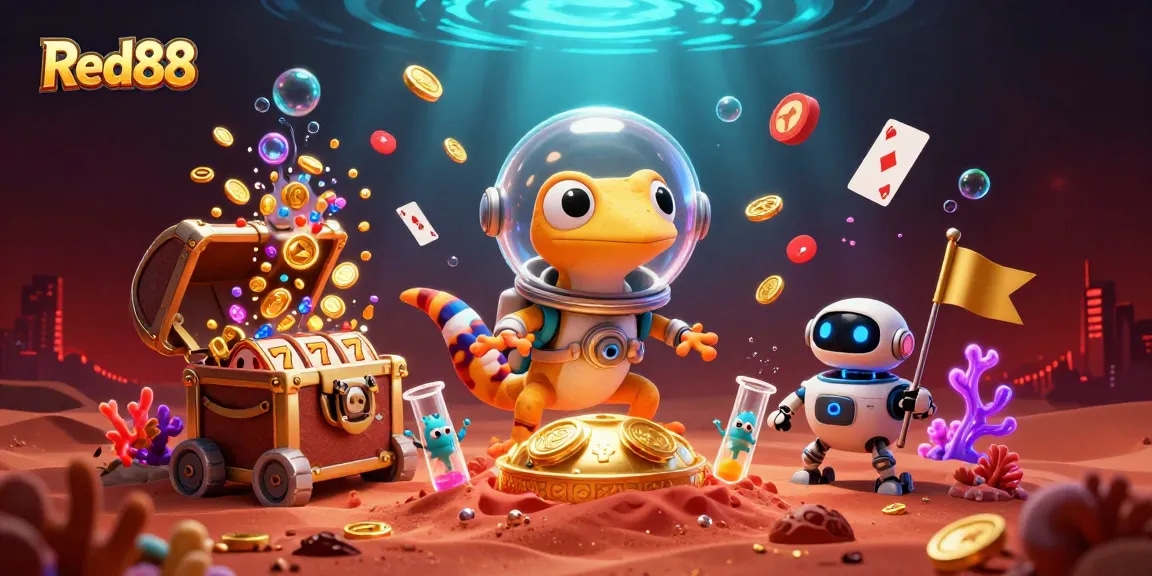 Red88 showcases a vibrant underwater casino adventure with treasures and gaming elements.