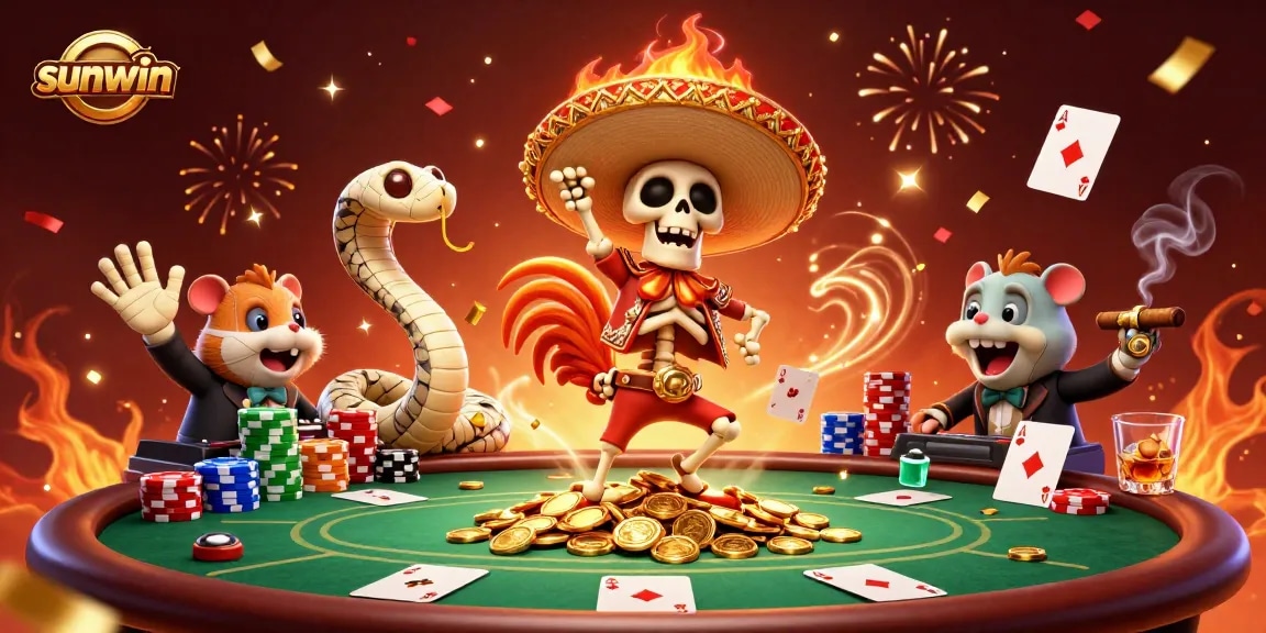 Experience the thrilling action at sunwin with a lively casino scene featuring vibrant characters, poker elements, and dynamic celebrations!