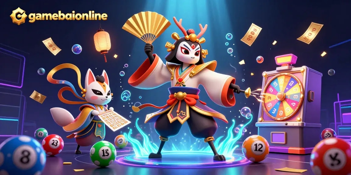 Engage in thrilling battles with gamebaiionline's vibrant 3D casino illustration showcasing kabuki warriors.