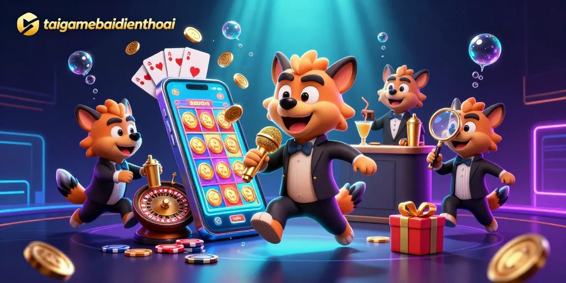 Engaging casino scene featuring taigamebaidienthoai hyenas in a comedy club with casino elements.