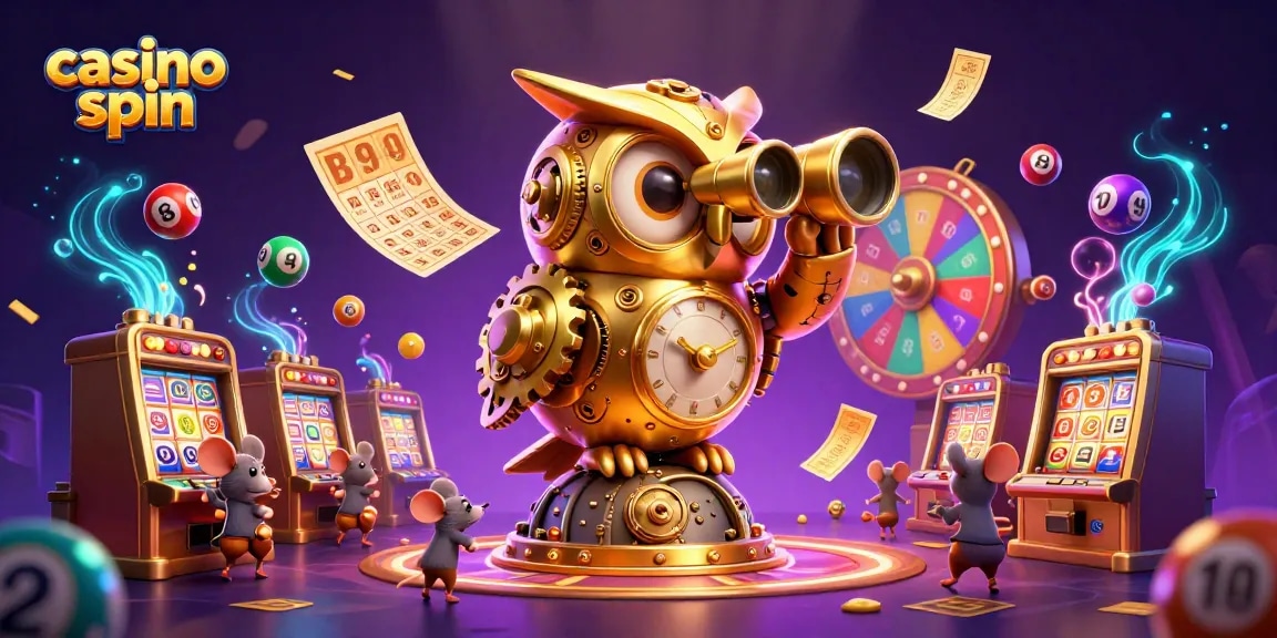 Experience thrilling casino spin action with a whimsical 3D illustration of a golden owl and vibrant gaming elements.