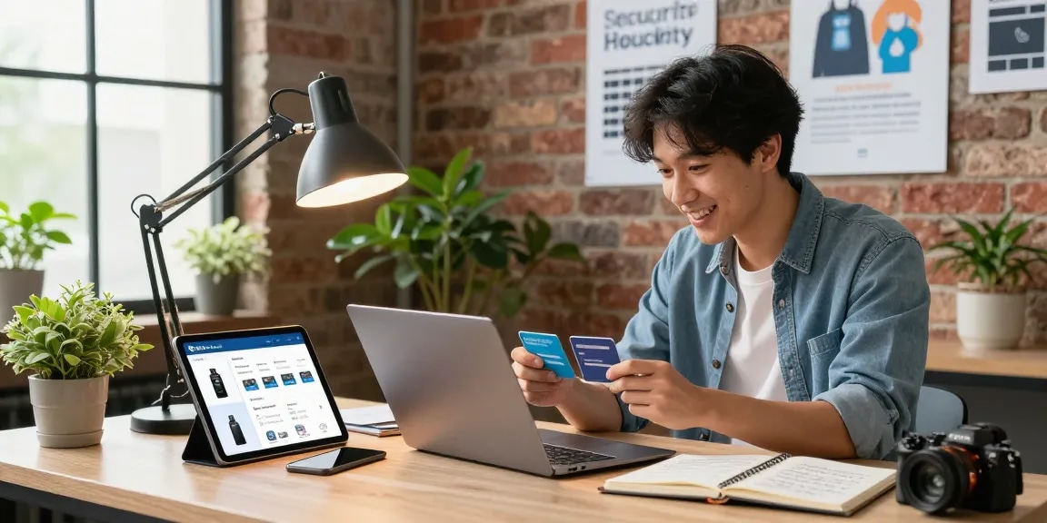 Excited shopper exploring cloned cards online in a modern workspace