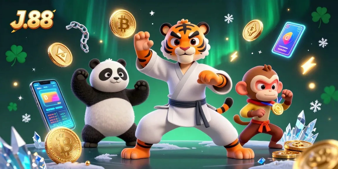 Engage in thrilling gameplay at J.88 with a vibrant 3D scene featuring iconic characters and crypto elements.