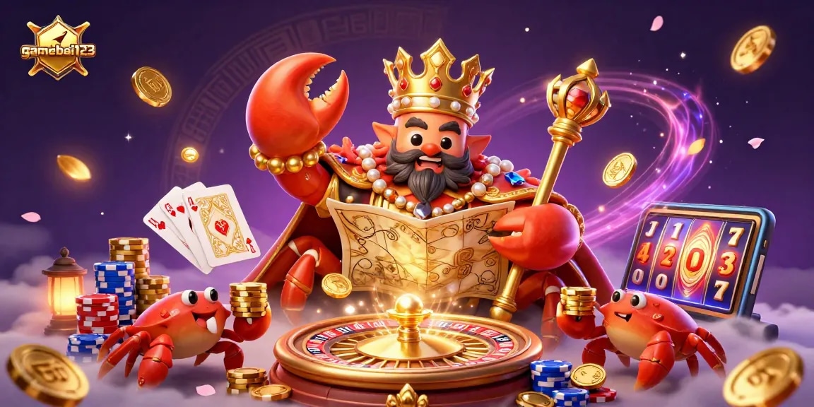 Experience immersive gameplay with gamebai123, featuring a vibrant digital casino scene with a golden crab emperor.