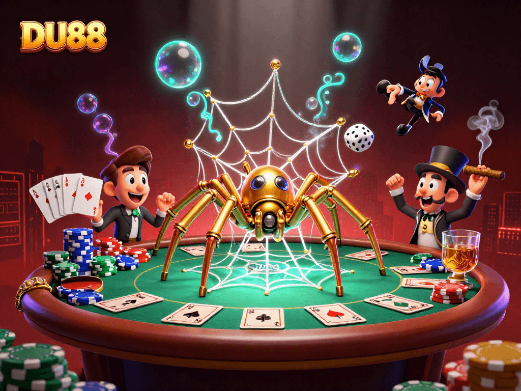 Experience DU88 with a captivating golden spider web surrounded by poker elements, adding excitement to your gaming.