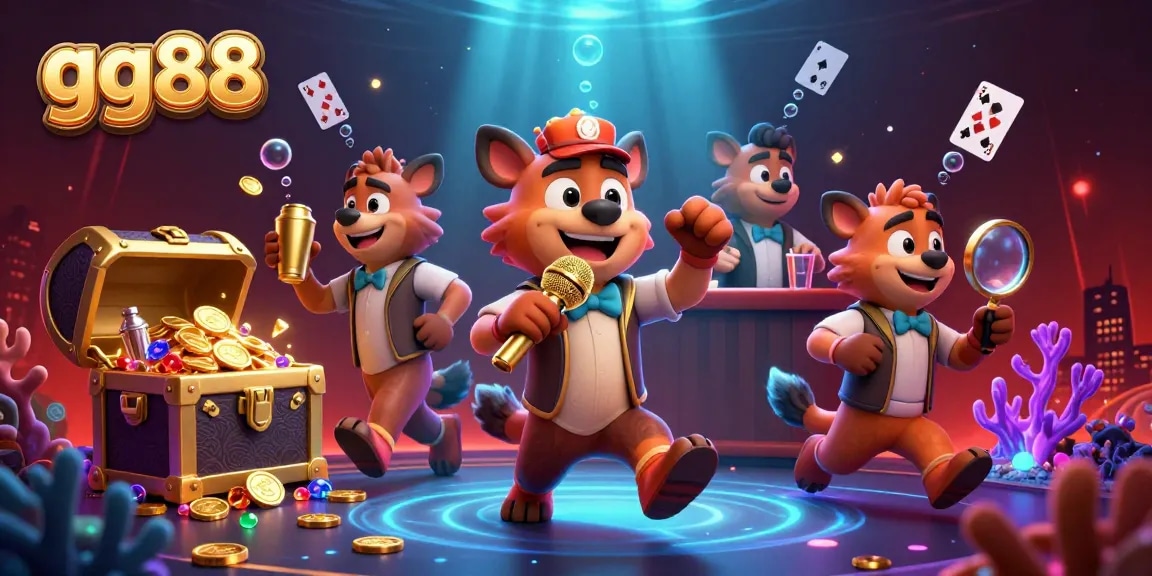 gg88 engaging in lively casino atmosphere with vibrant 3D hyenas and sparkling treasures.