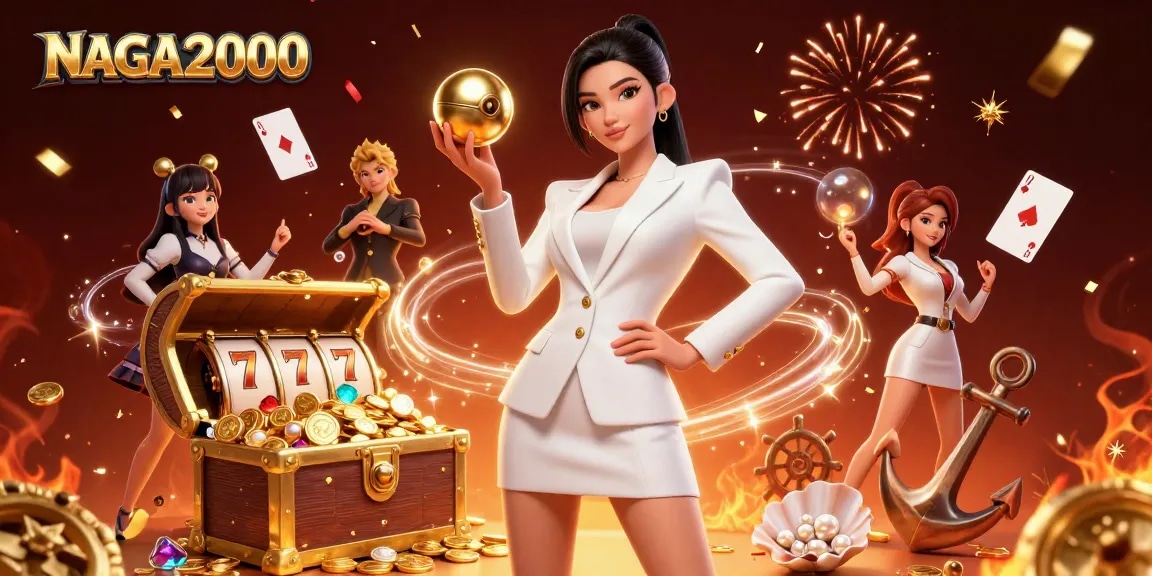NAGA2000 menampilkan seorang wanita glamor siap dengan bola roulette, dikelilingi oleh elemen kasino yang menakjubkan dan kegembiraan.