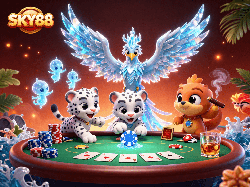 Experience thrilling poker action at SKY88 with a vibrant depiction of an engaging casino scene.