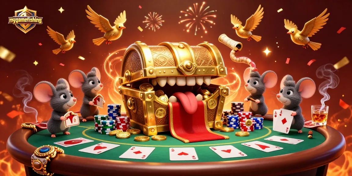 Engage with mygamefishing as a cartoon treasure chest allures adventurer mice with poker excitement.