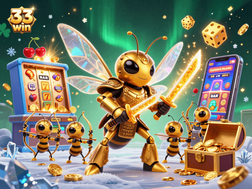 Engage in thrilling gameplay with 33 win: a dynamic 3D visual of slot machines, golden tokens, and vibrant characters.