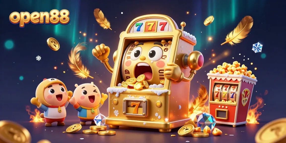 open88 slot machine hits jackpot, showered with coins in a vibrant casino scene