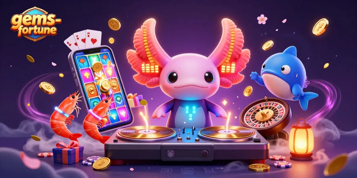 Spin to win in gems-fortune with vibrant 3D characters and casino elements filling the scene.