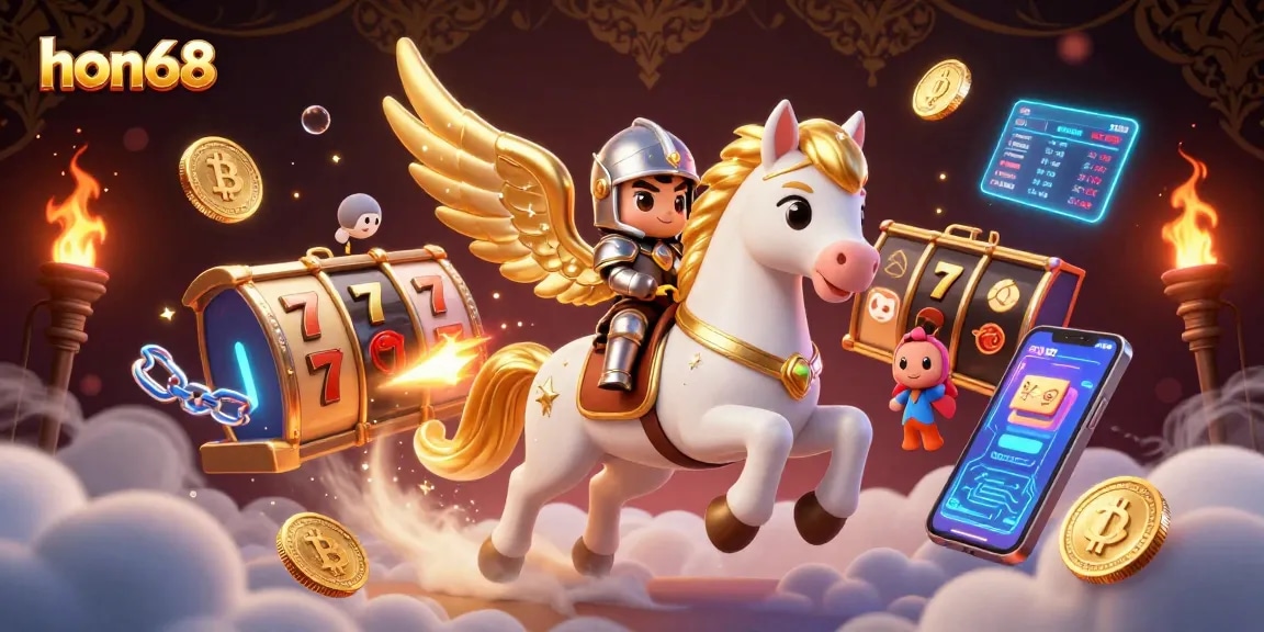 Experience thrilling wins with hon68 as a celestial knight rides into a vibrant casino world.