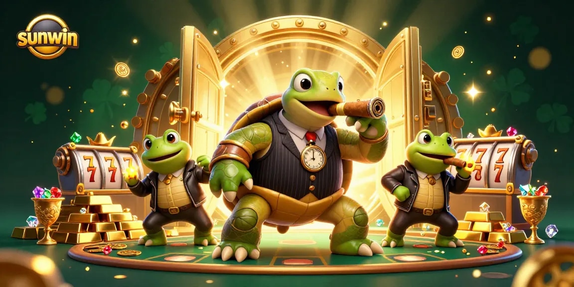 Engage with the sunwin casino experience featuring a snapping turtle mobster amidst a vibrant, treasure-filled atmosphere.