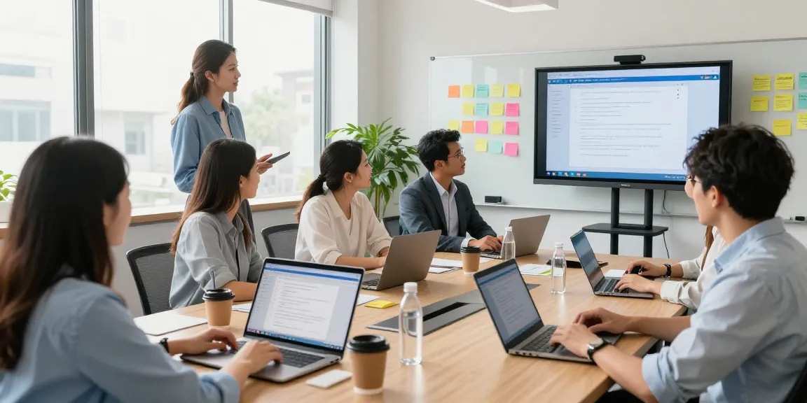 团队在现代办公室使用WPS Office进行合作,展示高效的办公环境。