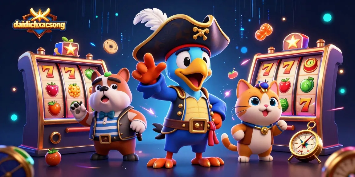 Daidichxacsong enhances excitement with a dynamic 3D casino scene featuring the pirate captain and vibrant slot game elements.