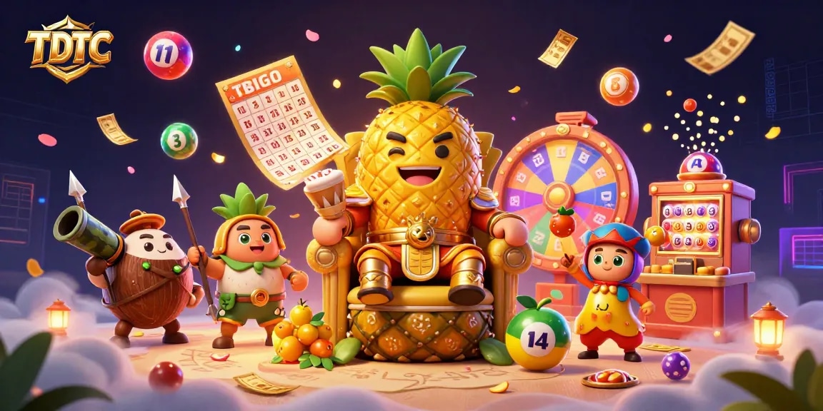 Engage with TDTC's vibrant beach casino experience featuring the playful pineapple king and dynamic game elements.