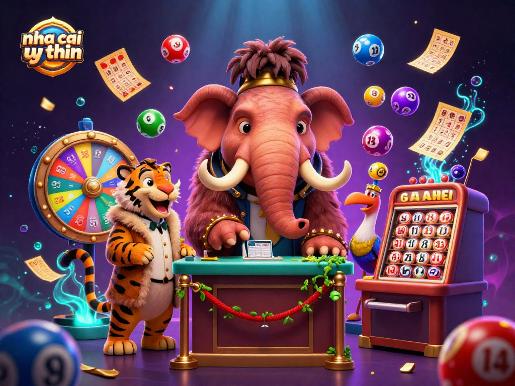 Engage with the vibrant scene featuring "nha cai uy tin" where a woolly mammoth bouncer checks IDs amidst lottery excitement.