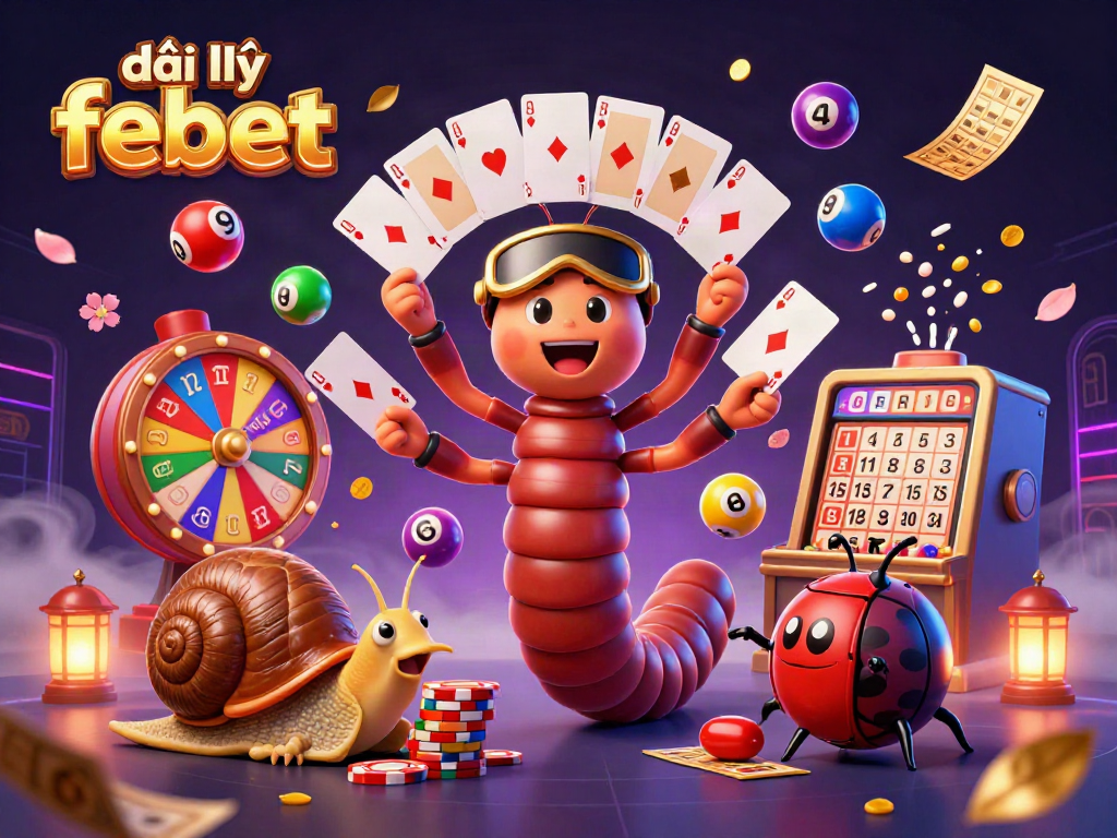 Experience the vibrant excitement of đại lý febet with colorful game elements swirling around engaging 3D characters in a casino-themed illustration.