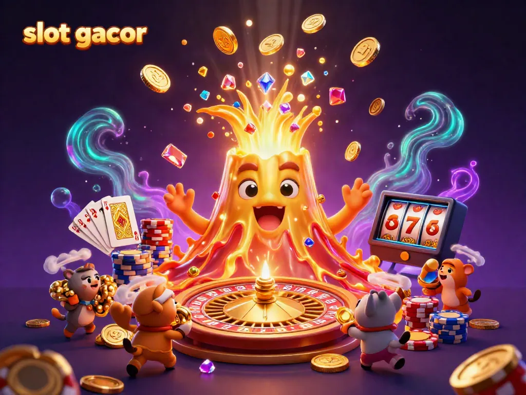 Engage with slot gacor as a golden volcano erupts treasures amidst dynamic casino elements.