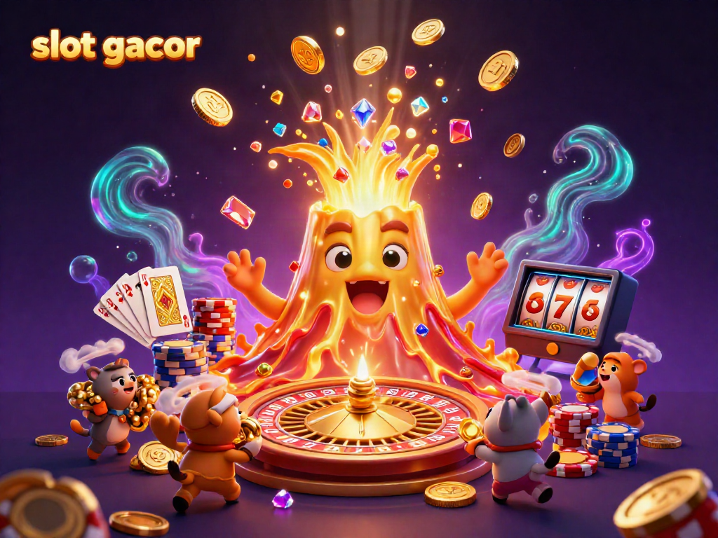 Engage with slot gacor as a golden volcano erupts treasures amidst dynamic casino elements.