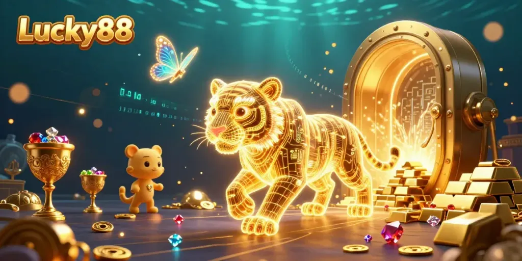 Experience Lucky88 with a prowling golden tiger in a vibrant digital casino filled with treasures.