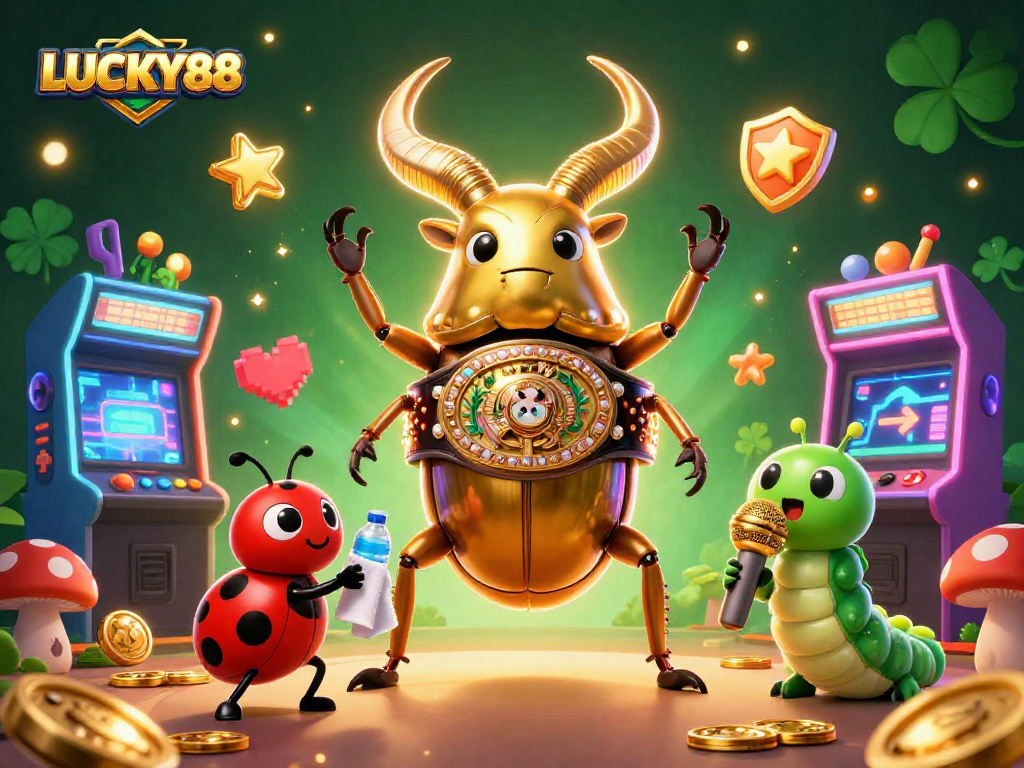 LUCKY88 showcases a vibrant 3D arena with a golden stag beetle and gaming elements.