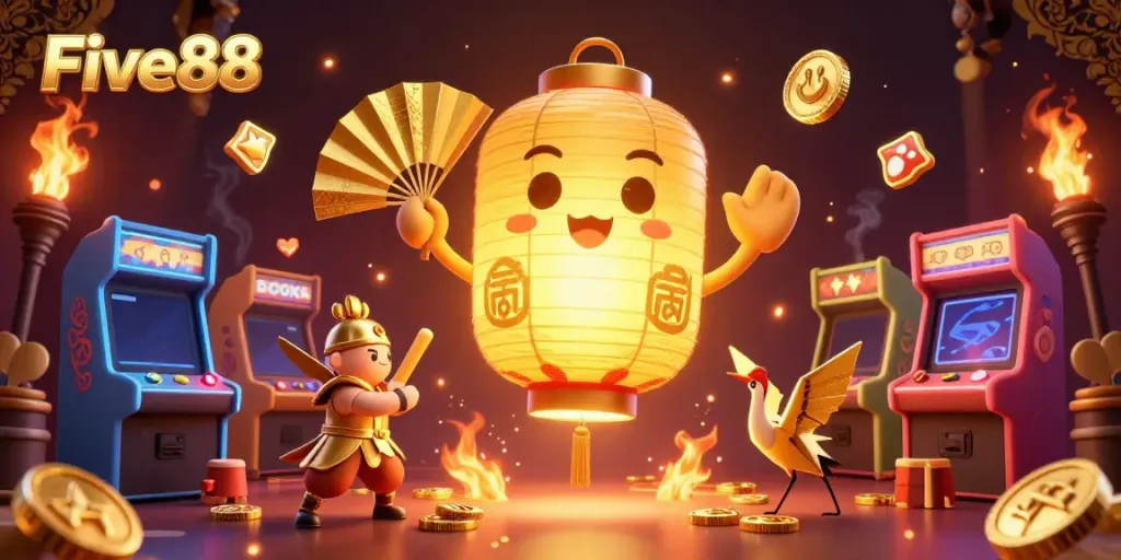 Experience thrilling gaming action with Five88 in a vibrant casino scene filled with cheerful golden spirits.