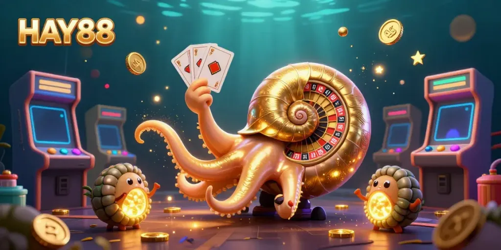 Engage with HAY88's vibrant gaming universe featuring a giant nautilus roulette and dynamic game elements.