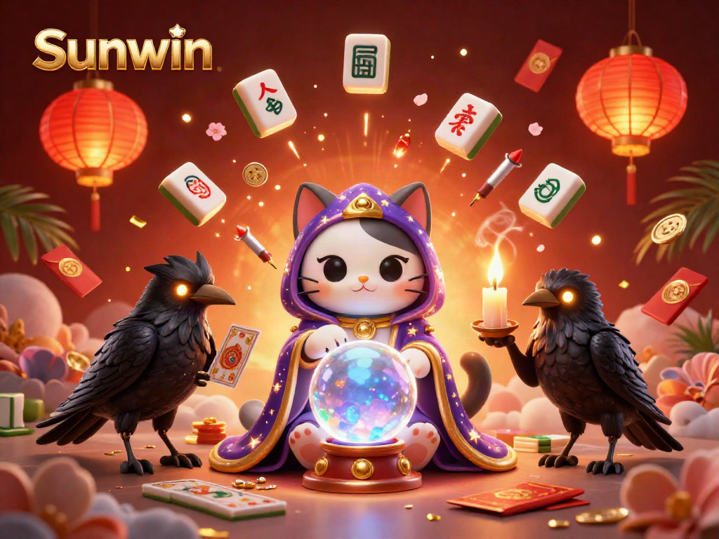 Experience the thrill of Sunwin with this vibrant casino scene featuring fortune teller cat and glowing elements.
