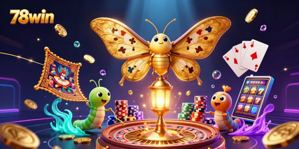 Experience thrill and excitement with 78win's casino games amidst golden coins and dazzling lights.