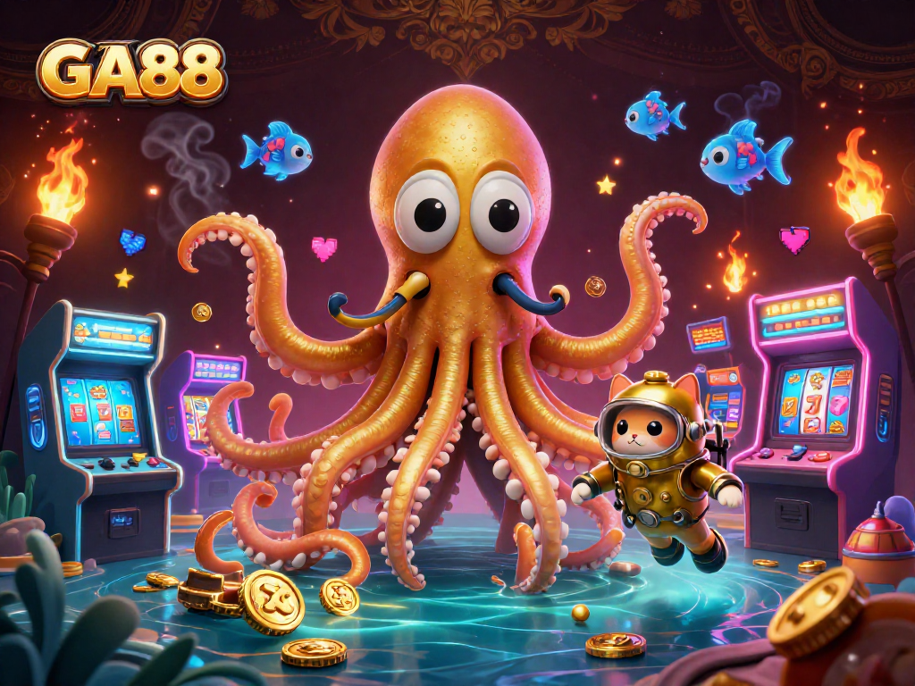 Engage with GA88's dazzling gaming universe featuring a golden kraken and retro arcade effects.