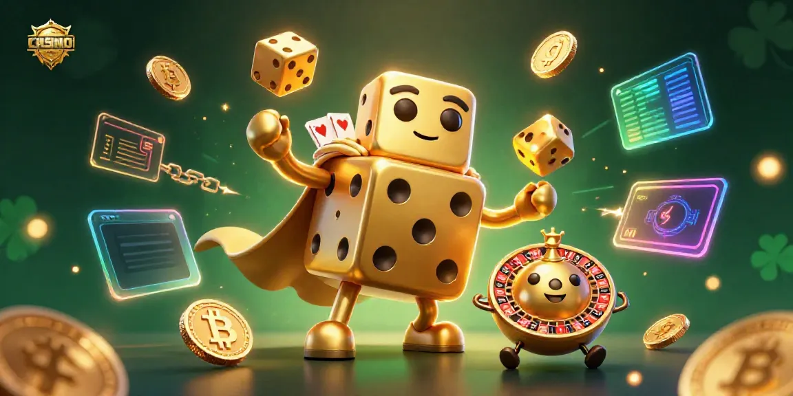 Experience the excitement of a CASINO with vibrant golden dice and crypto elements.