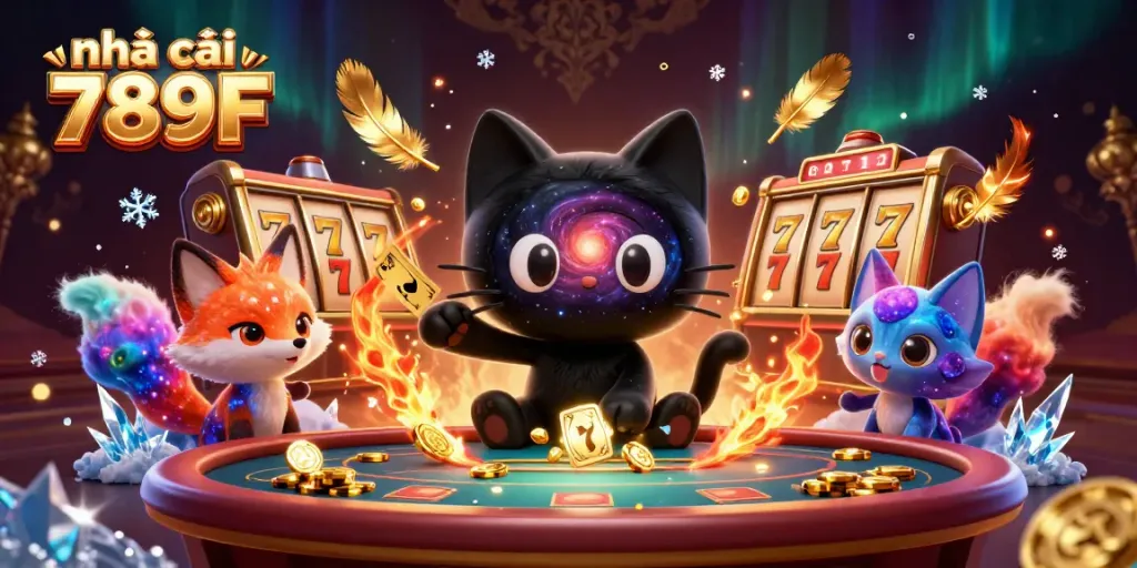 Experience the enchanting world of nhà cái 789F as a cosmic cat draws in winning chips at a vibrant casino.