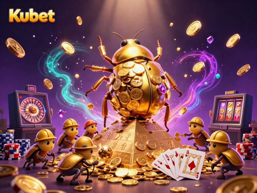 Experience thrilling gameplay at Kubet with a golden dung beetle rolling coins, casino games, and vibrant visuals.
