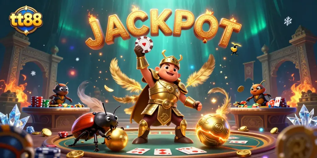 tt88 players enjoy a thrilling poker game with vibrant cartoon characters and casino elements.