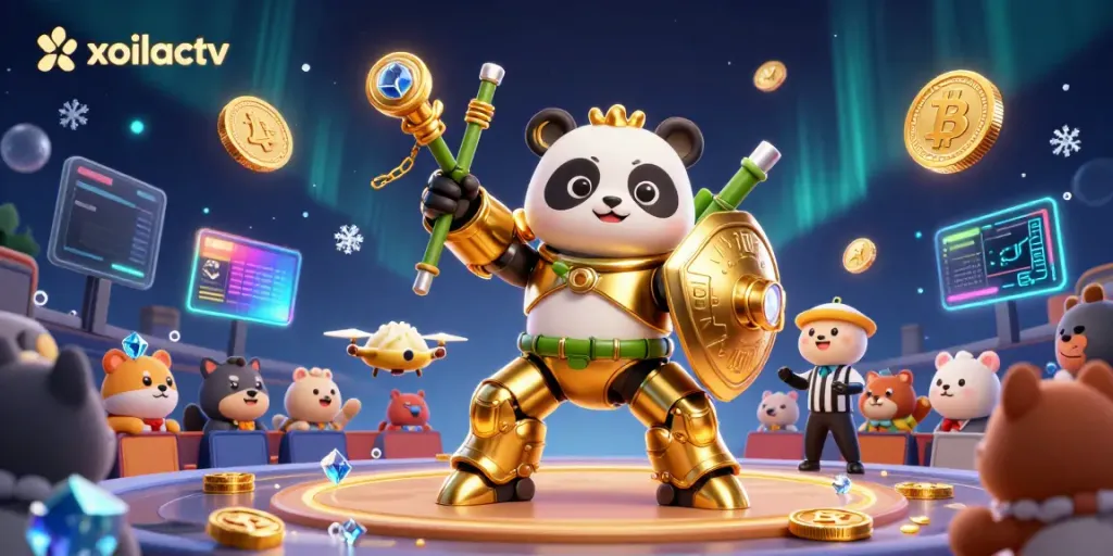 Experience exciting gaming action in xoilactv with a vibrant 3D panda and golden robot in a lively casino arena.