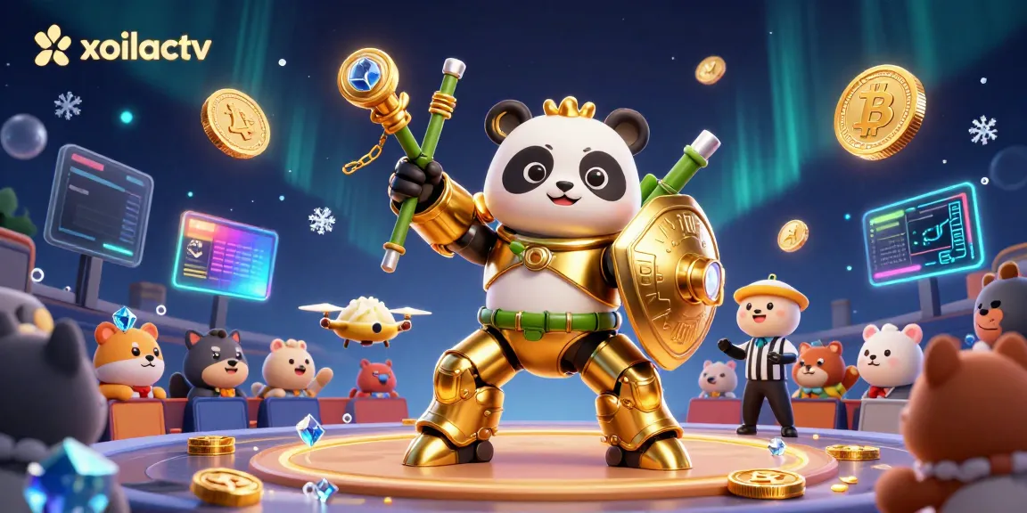 Experience exciting gaming action in xoilactv with a vibrant 3D panda and golden robot in a lively casino arena.