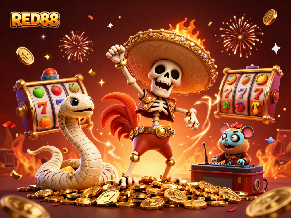 Celebrate wins with RED88 in this vibrant 3D casino scene featuring animated characters and slot game elements.