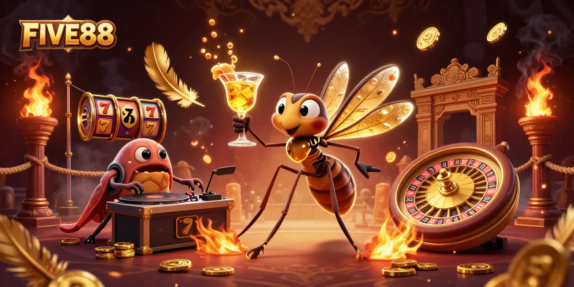 Engage with FIVE88's thrilling casino experience featuring a lively mascot and dynamic gaming elements.