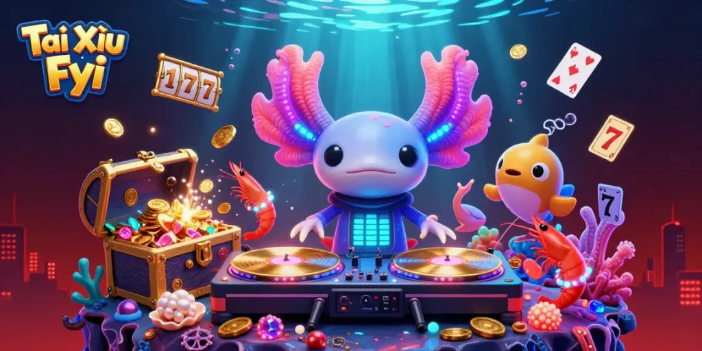 Tài Xỉu Fyi celebrates an underwater casino scene with neon characters, slot reels, and vibrant treasures.